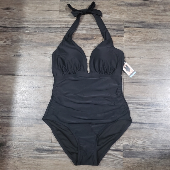 Dkny Plunge Neck Swimsuit Tummy Control One Piece Swimsuit Black Bathing Suit - Picture 2 of 6